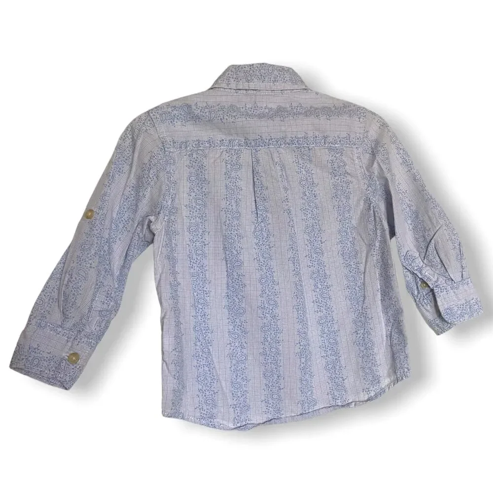 Gap Boys Shirt Size 2 Globe Mapper Blue‎ Paisley Roll Tab Sleeve Dress Button Up